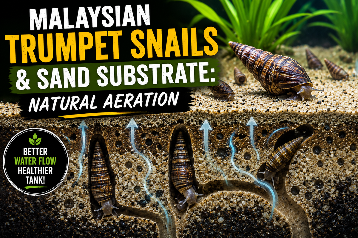 Cross-section of aquarium sand substrate showing Malaysian trumpet snails burrowing through the sand to naturally aerate the substrate, improve water circulation, and support healthy plant roots in a freshwater aquarium.
