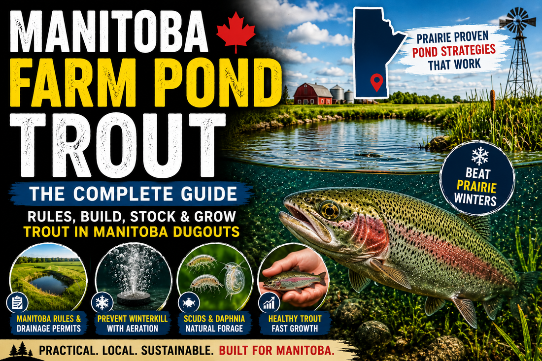 Illustration of a Manitoba farm pond with a rainbow trout, aeration system, and natural forage, representing a complete guide to building and managing trout ponds in Manitoba.