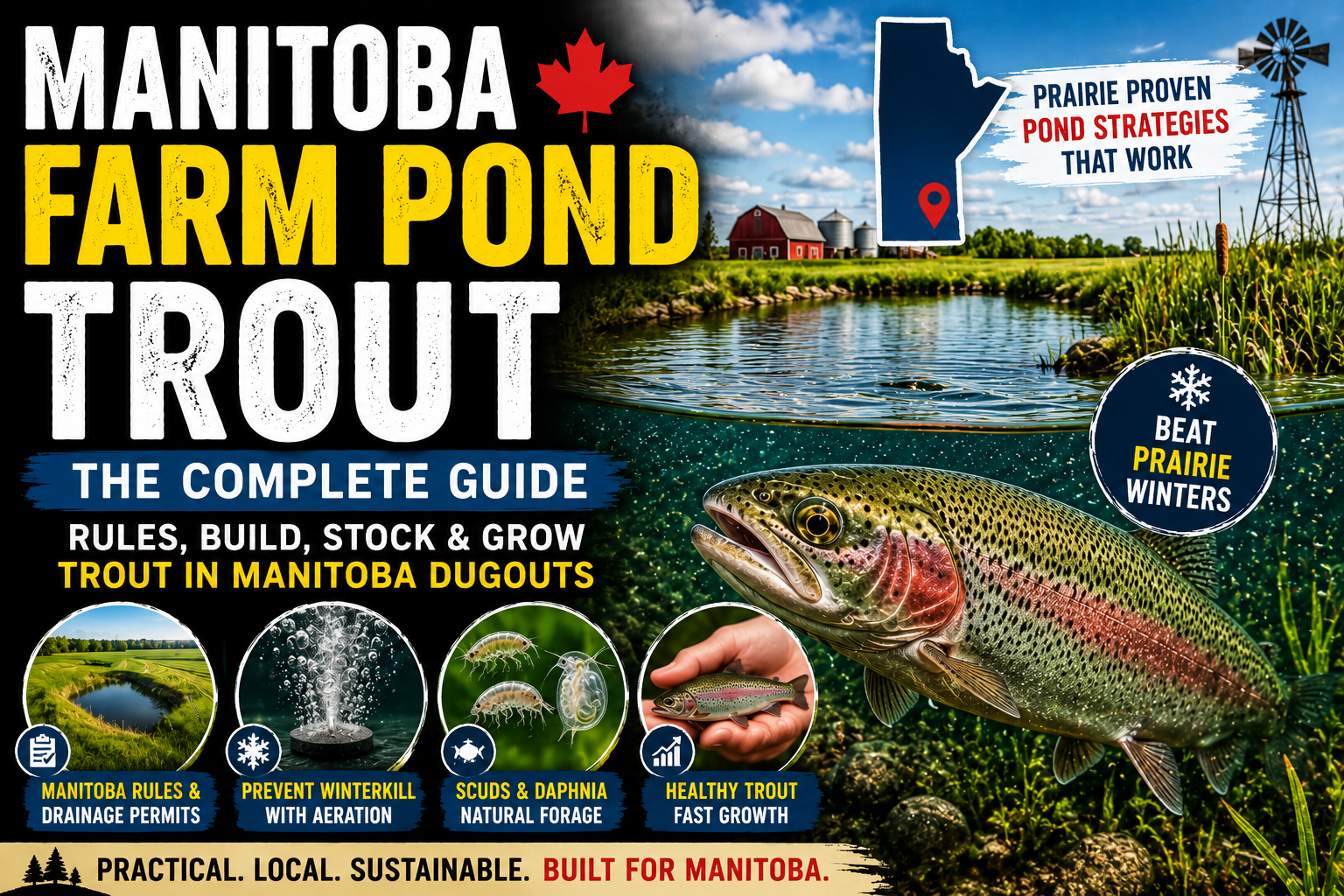 Illustration of a Manitoba farm pond with a rainbow trout, aeration system, and natural forage, representing a complete guide to building and managing trout ponds in Manitoba.