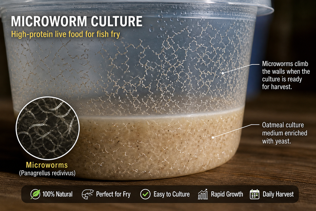Microworm culture climbing container walls, live fish food for fry, high-protein microworms for betta and aquarium fish breeding