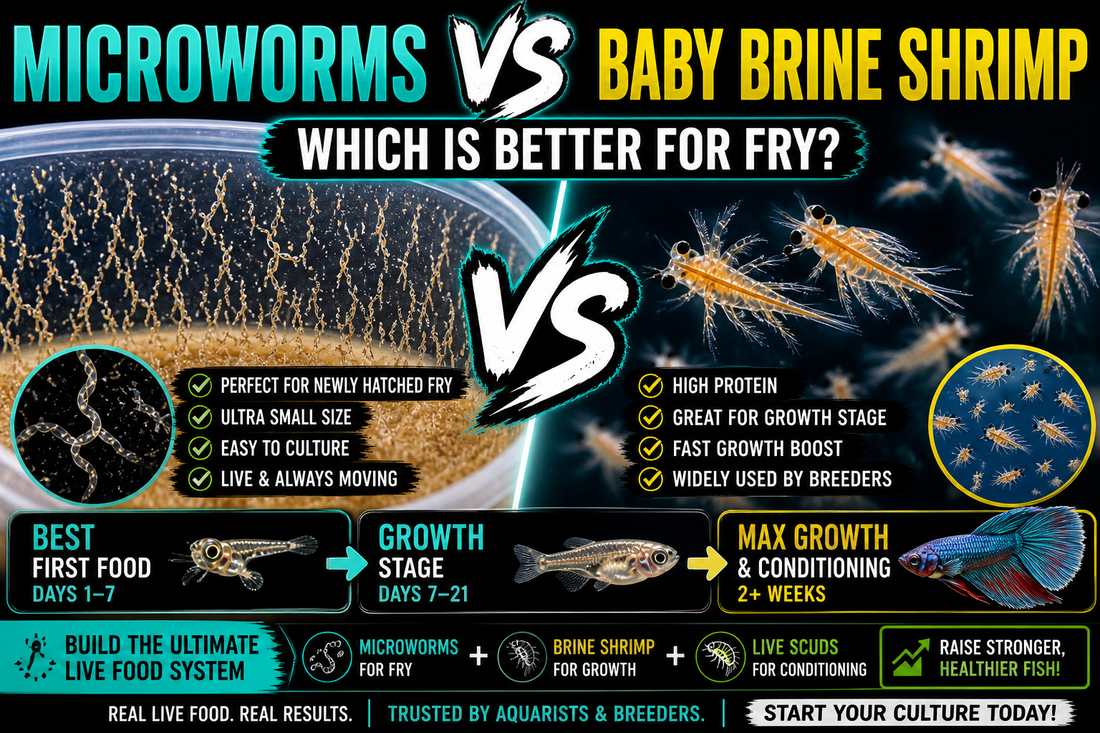 Microworms vs baby brine shrimp comparison showing best live food for fish fry, including feeding stages and transition to scuds for growth and conditioning