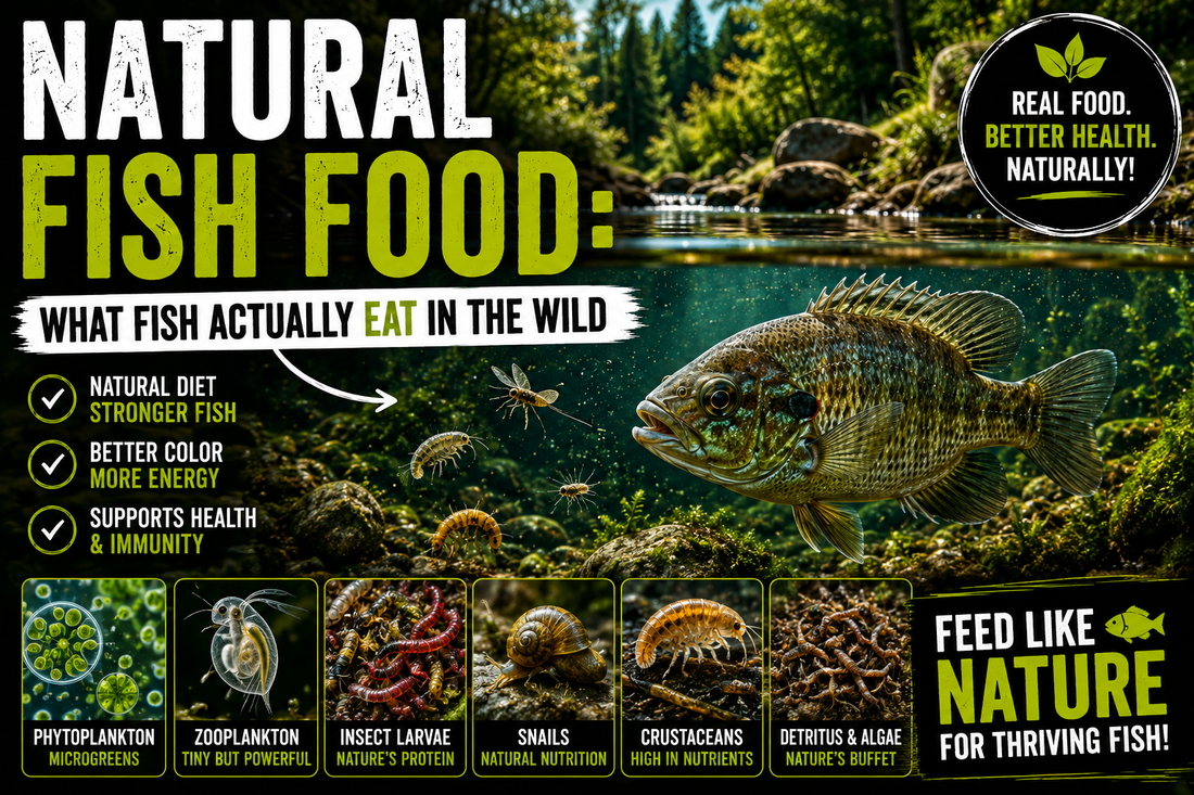 Healthy freshwater fish hunting natural prey including insect larvae, crustaceans, snails, zooplankton, and phytoplankton in a thriving pond ecosystem.