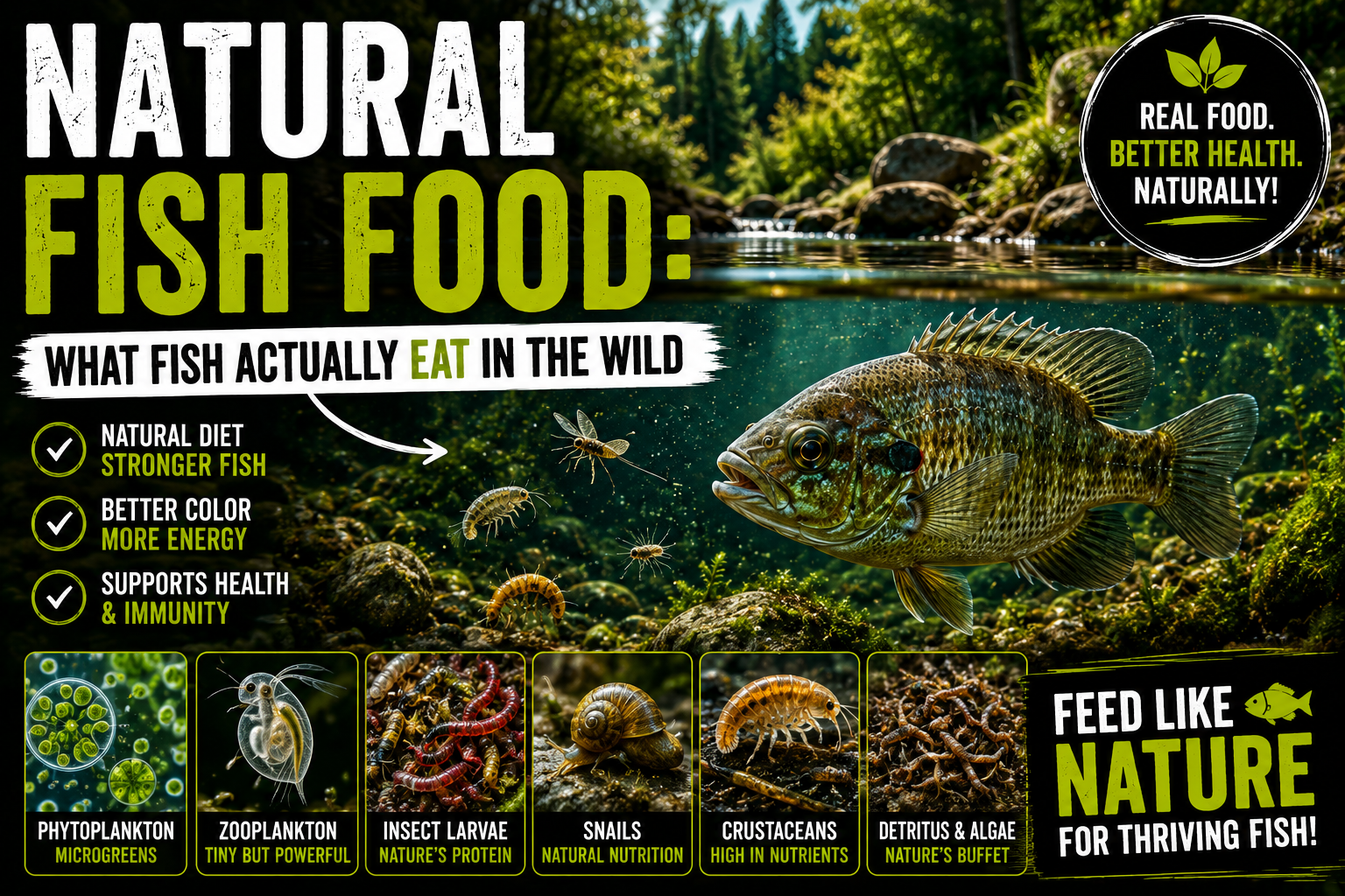 Healthy freshwater fish hunting natural prey including insect larvae, crustaceans, snails, zooplankton, and phytoplankton in a thriving pond ecosystem.