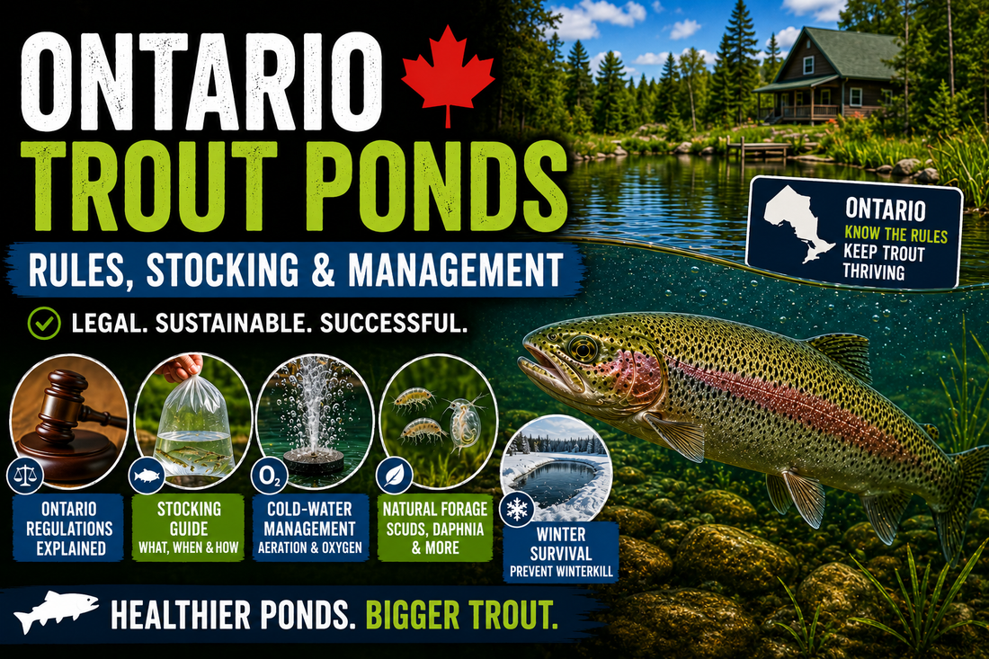 Rainbow trout swimming in a clear Ontario pond with Ontario-themed graphics, highlighting trout pond regulations, stocking, cold-water management, aeration, winter survival, and natural forage including scuds and daphnia.