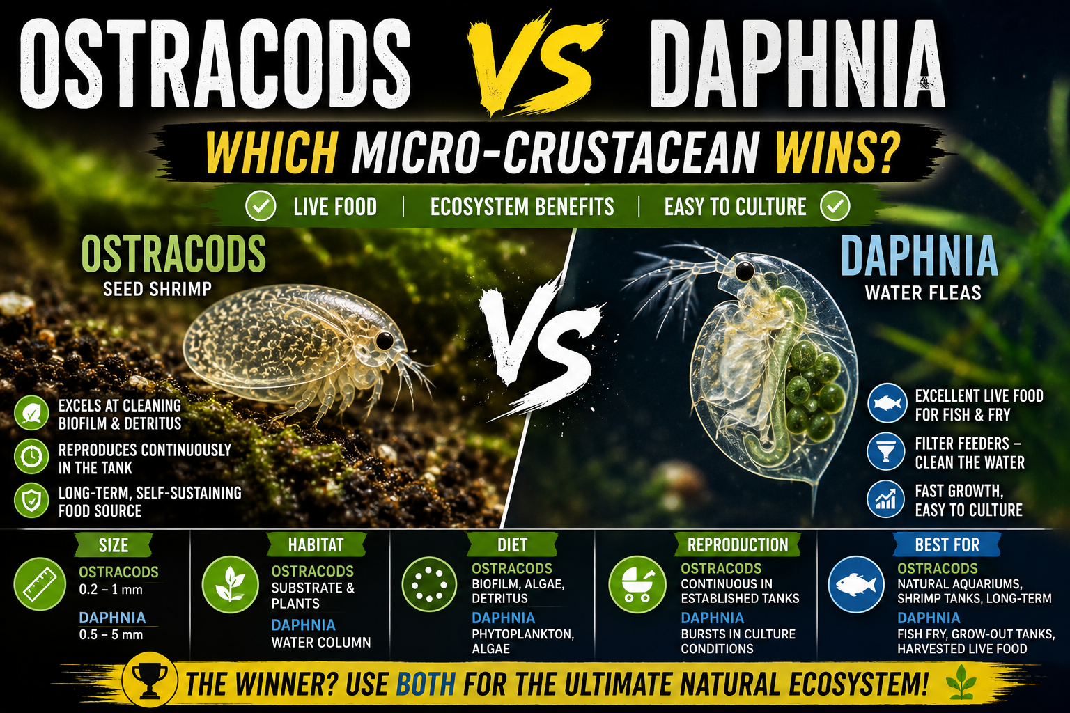 Ostracods vs daphnia comparison showing live food benefits reproduction ecosystem impact and aquarium uses for fish fry shrimp and planted tanks