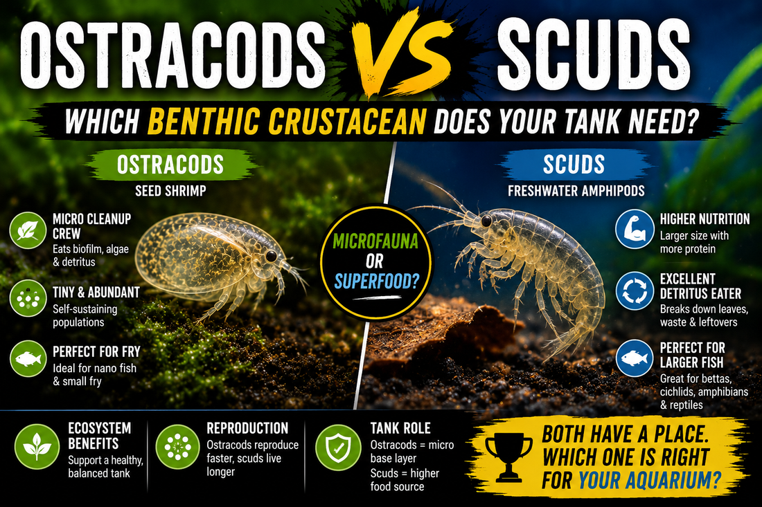 Ostracods vs Scuds comparison showing seed shrimp and freshwater amphipods with aquarium benefits, live food value, ecosystem roles, and tank suitability for freshwater aquariums.