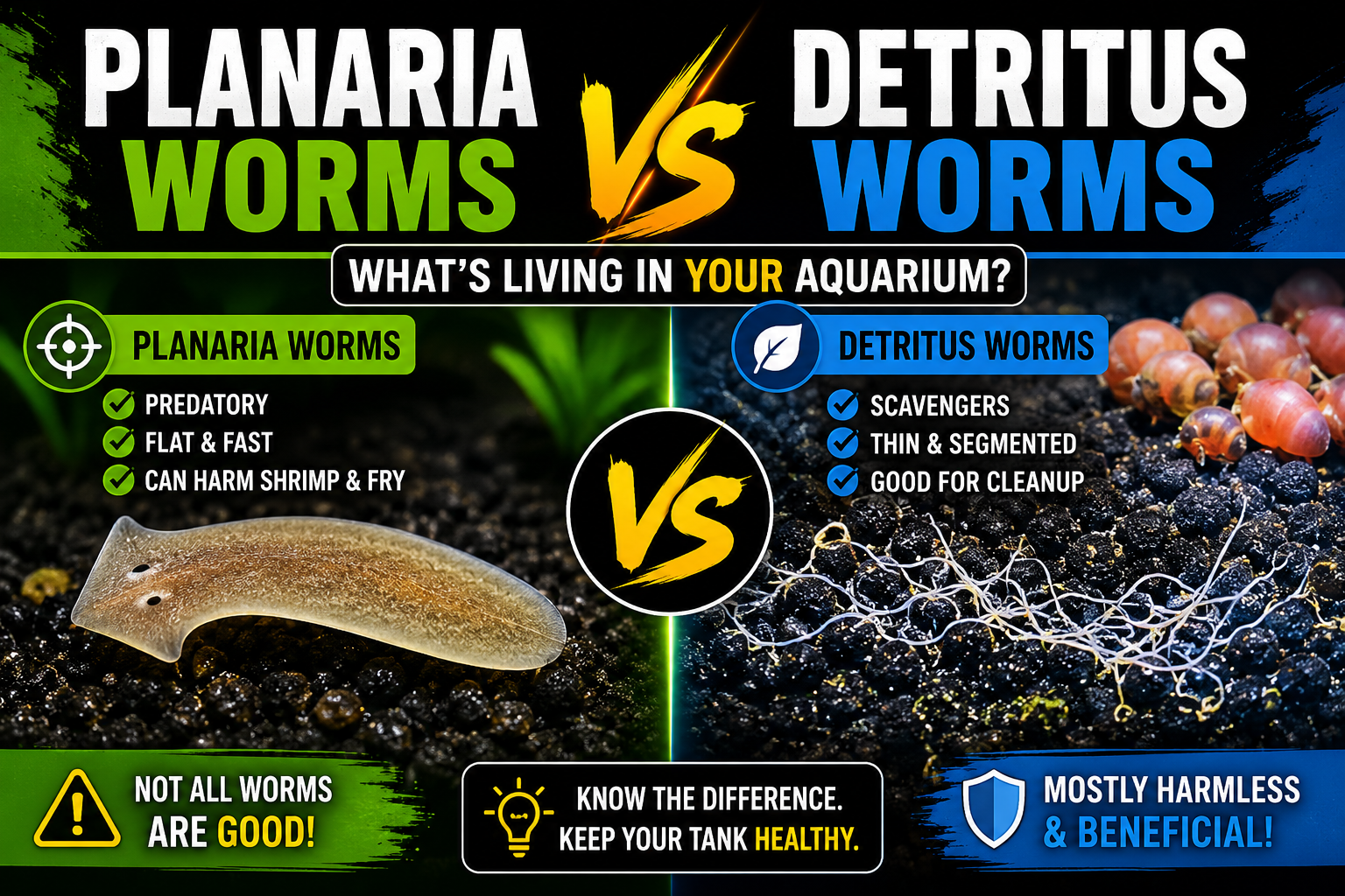 Infographic comparing planaria vs detritus worms in a freshwater aquarium, showing differences in appearance, movement, behavior, and whether they are harmful or beneficial to shrimp tanks and aquarium ecosystems