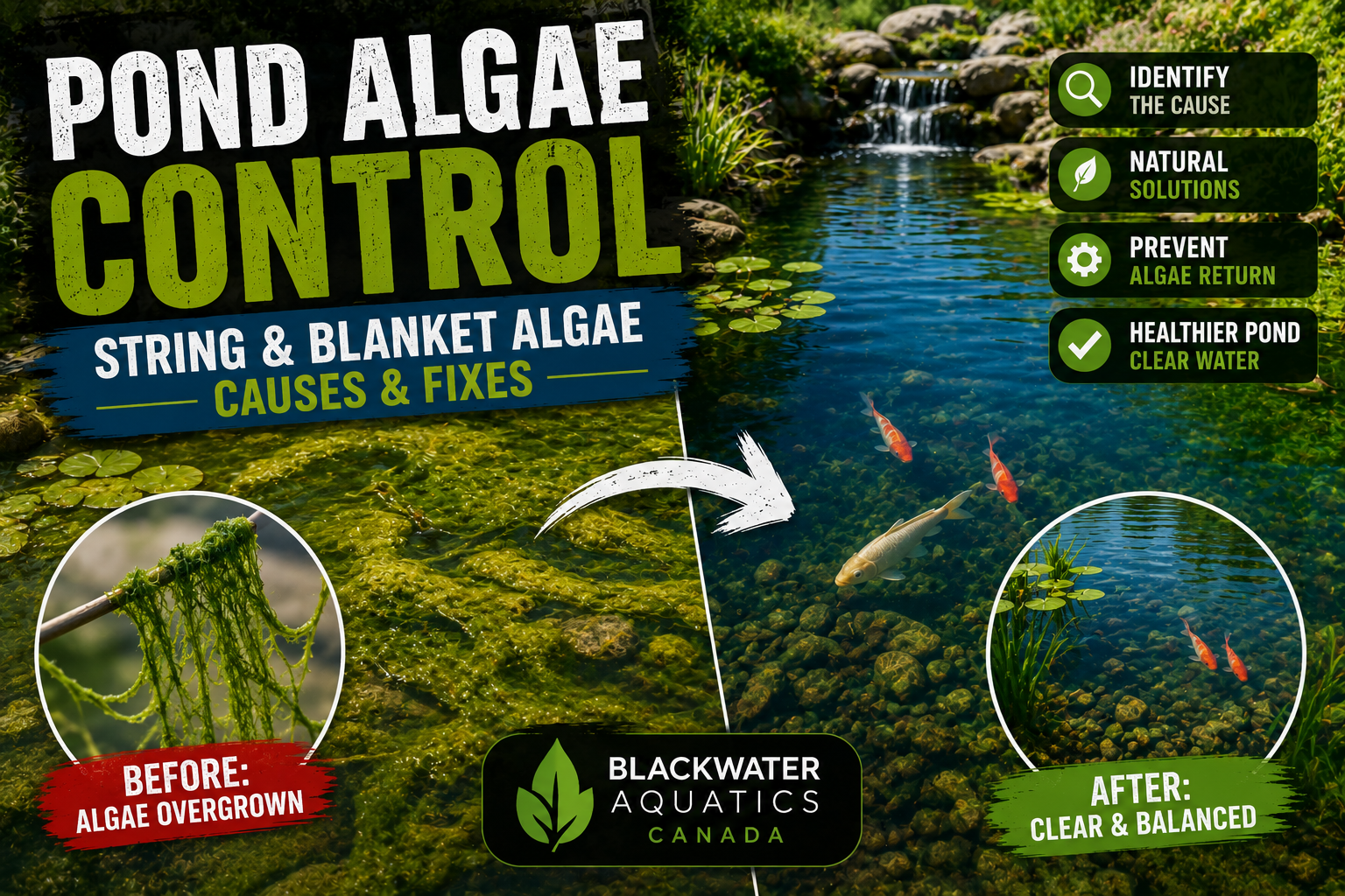 Comparison of a pond overrun with string and blanket algae beside a healthy clear pond after natural algae control, showing aquatic plants, fish and improved water quality.