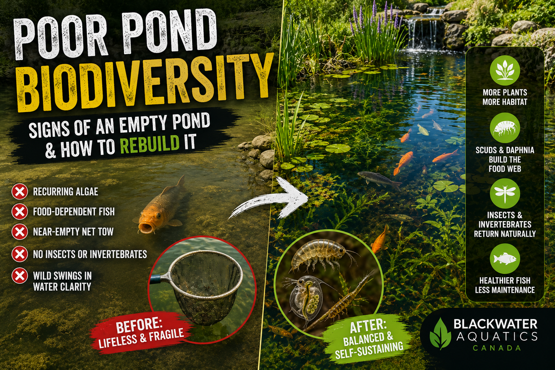 Poor pond biodiversity comparison showing a lifeless algae-prone pond beside a healthy freshwater pond filled with plants, fish, scuds, daphnia and aquatic life after biodiversity restoration.