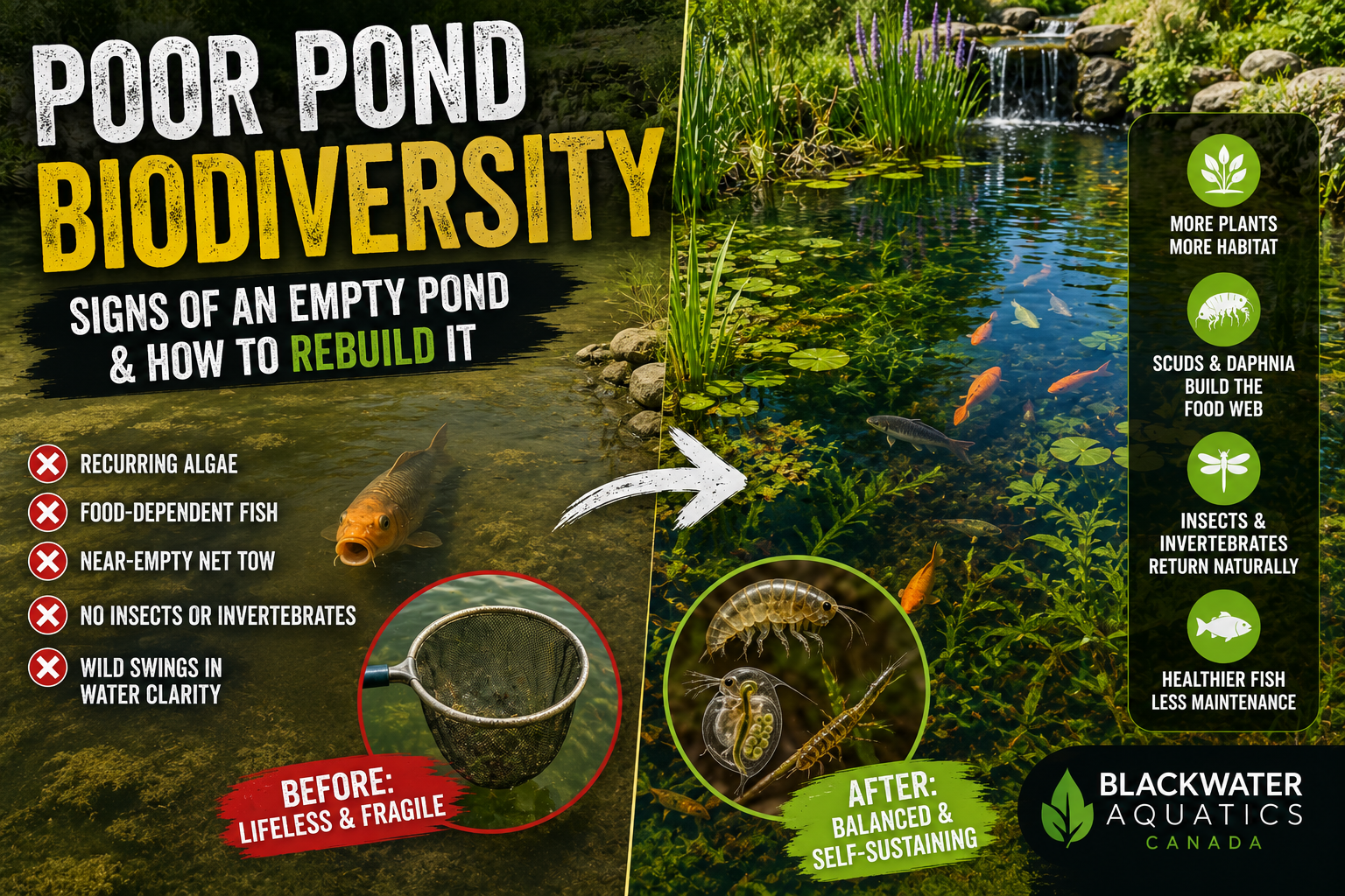 Poor pond biodiversity comparison showing a lifeless algae-prone pond beside a healthy freshwater pond filled with plants, fish, scuds, daphnia and aquatic life after biodiversity restoration.