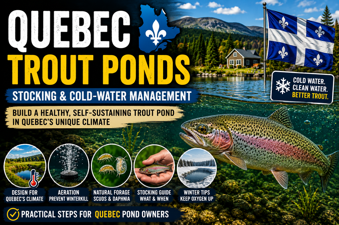 Rainbow trout swimming in a clear Quebec pond with the Quebec flag, highlighting trout stocking, cold-water management, winter survival, aeration, and natural forage for self-sustaining trout ponds.