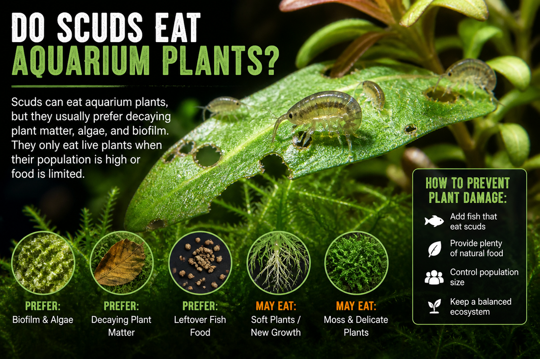 scuds eating aquarium plant leaf close up freshwater amphipods damaging leaf in planted tank biofilm algae feeding behavior