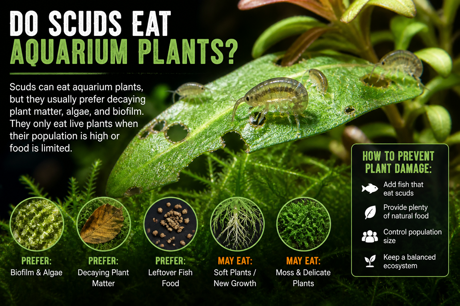 scuds eating aquarium plant leaf close up freshwater amphipods damaging leaf in planted tank biofilm algae feeding behavior