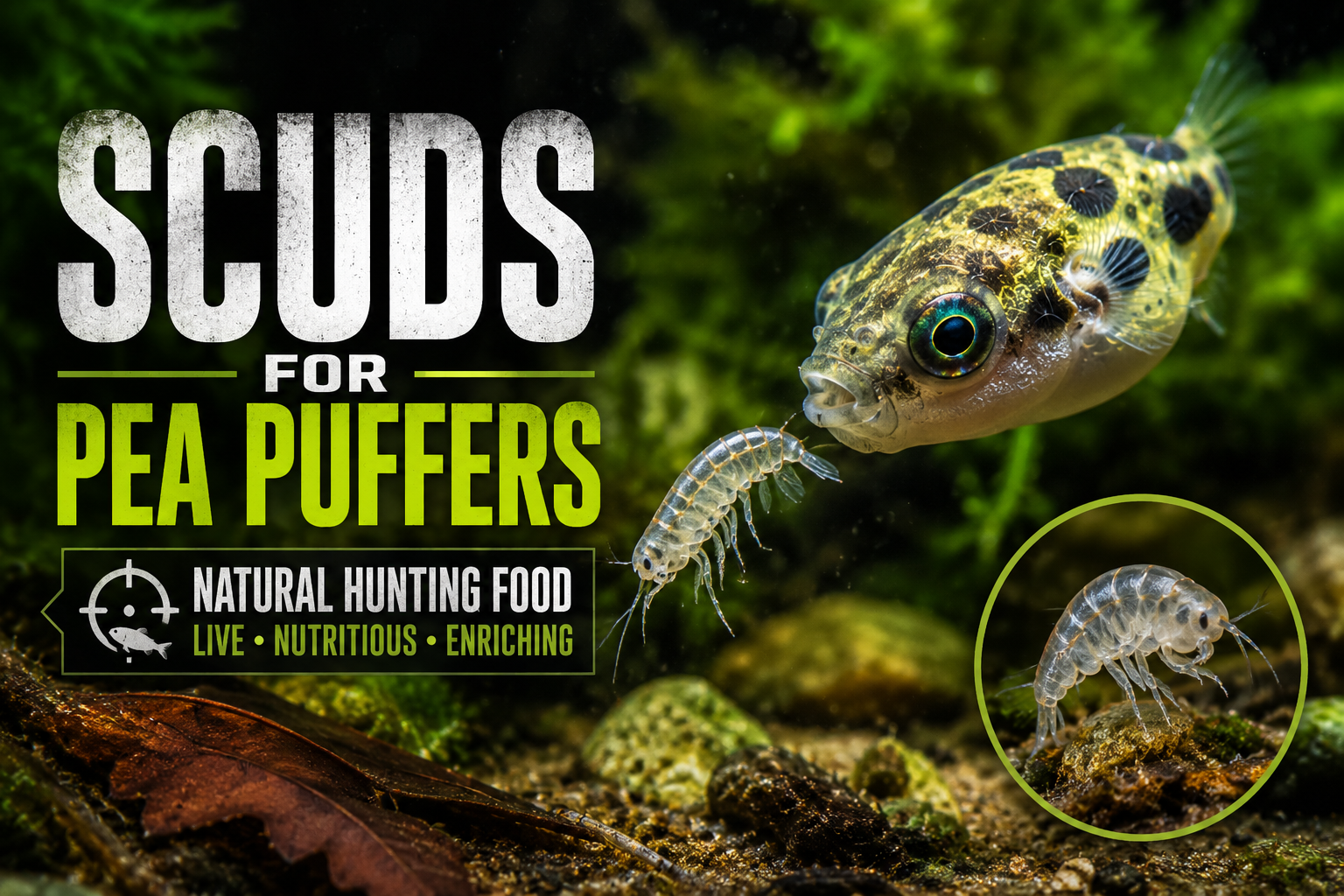 Cinematic infographic thumbnail showing a pea puffer hunting and eating a live freshwater scud in a planted aquarium, highlighting natural live food, hunting enrichment, and predator feeding behavior.
