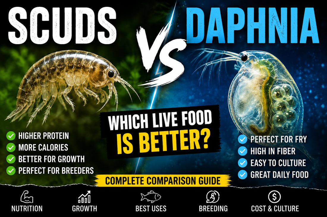 Scuds vs Daphnia comparison showing freshwater scuds and daphnia with benefits for fish growth, breeding, fry nutrition, and live food cultures in aquariums.