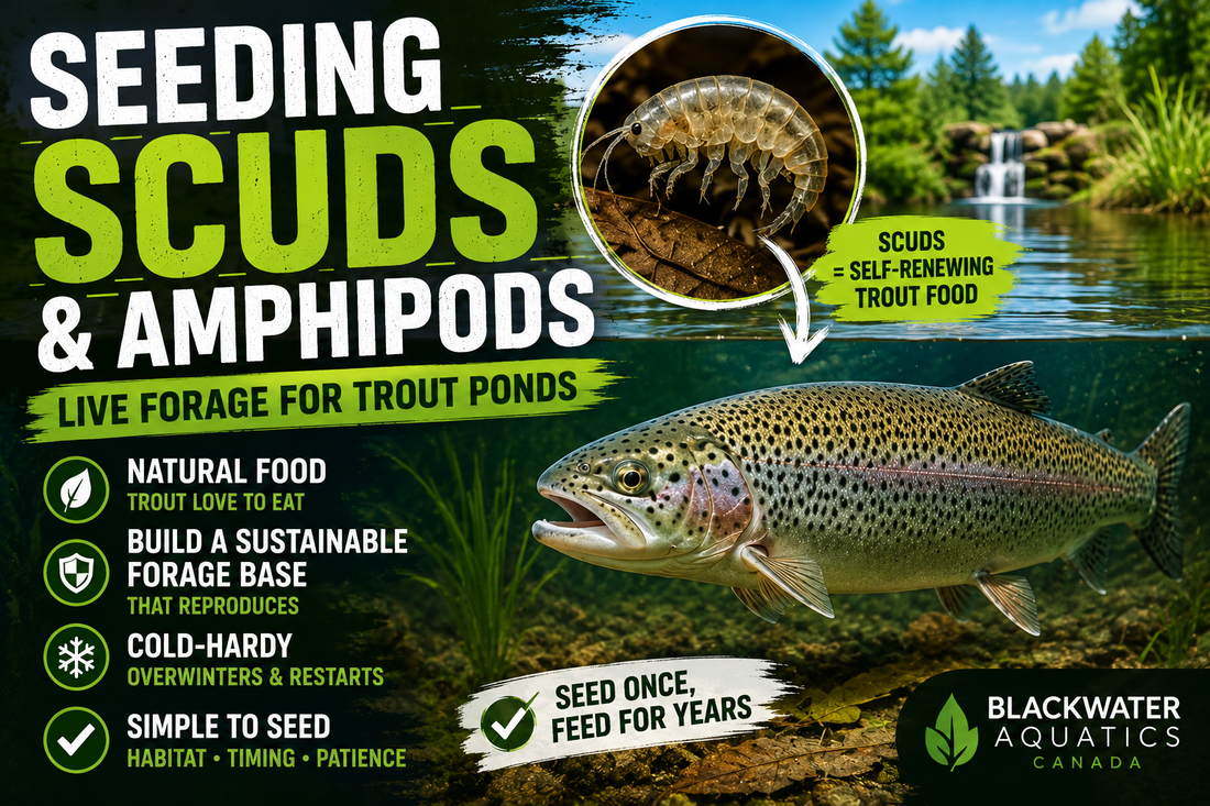 Rainbow trout swimming in a natural pond with a close-up of a freshwater scud (amphipod), illustrating how live scuds create a self-sustaining natural forage base for trout ponds in Canada.