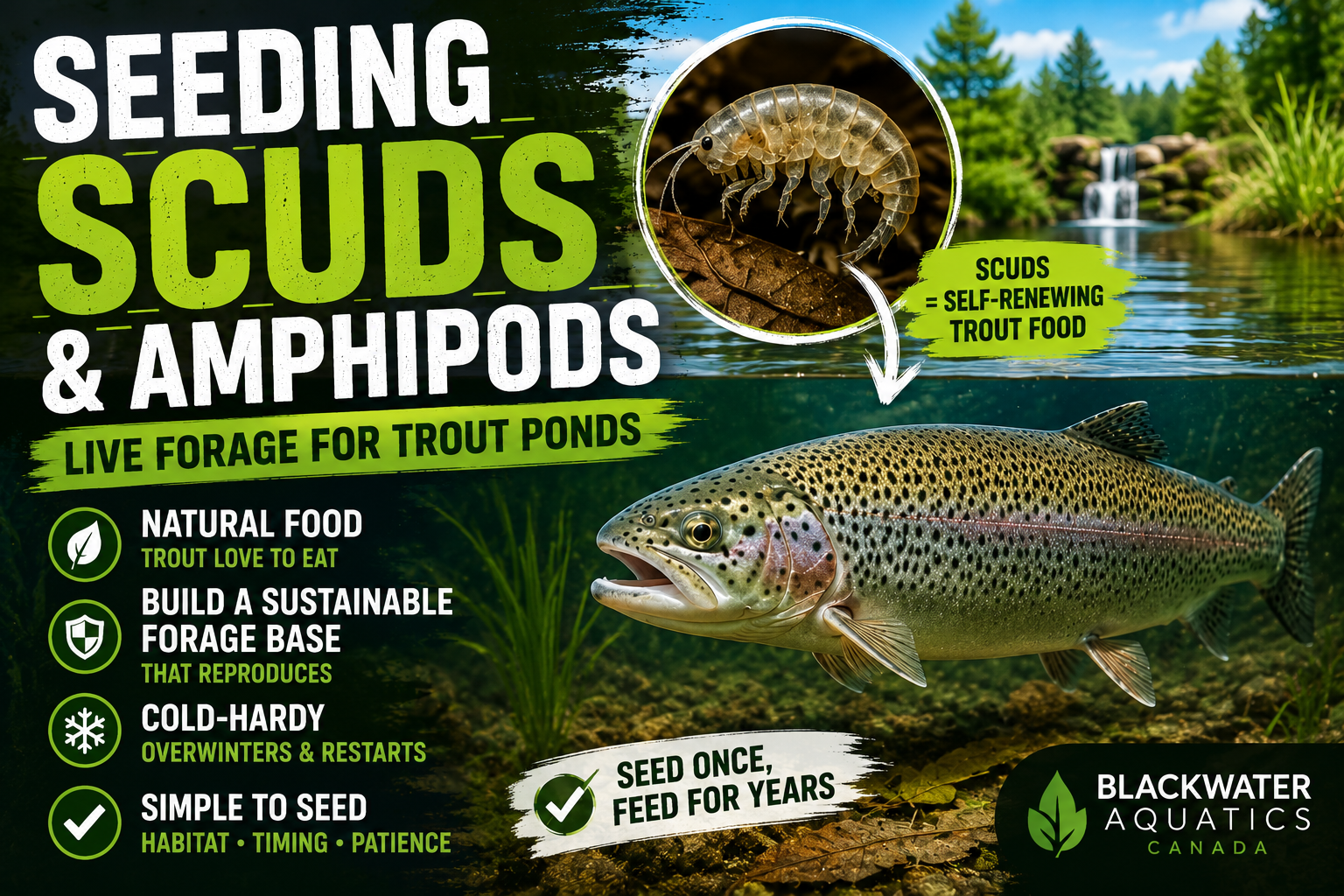 Rainbow trout swimming in a natural pond with a close-up of a freshwater scud (amphipod), illustrating how live scuds create a self-sustaining natural forage base for trout ponds in Canada.