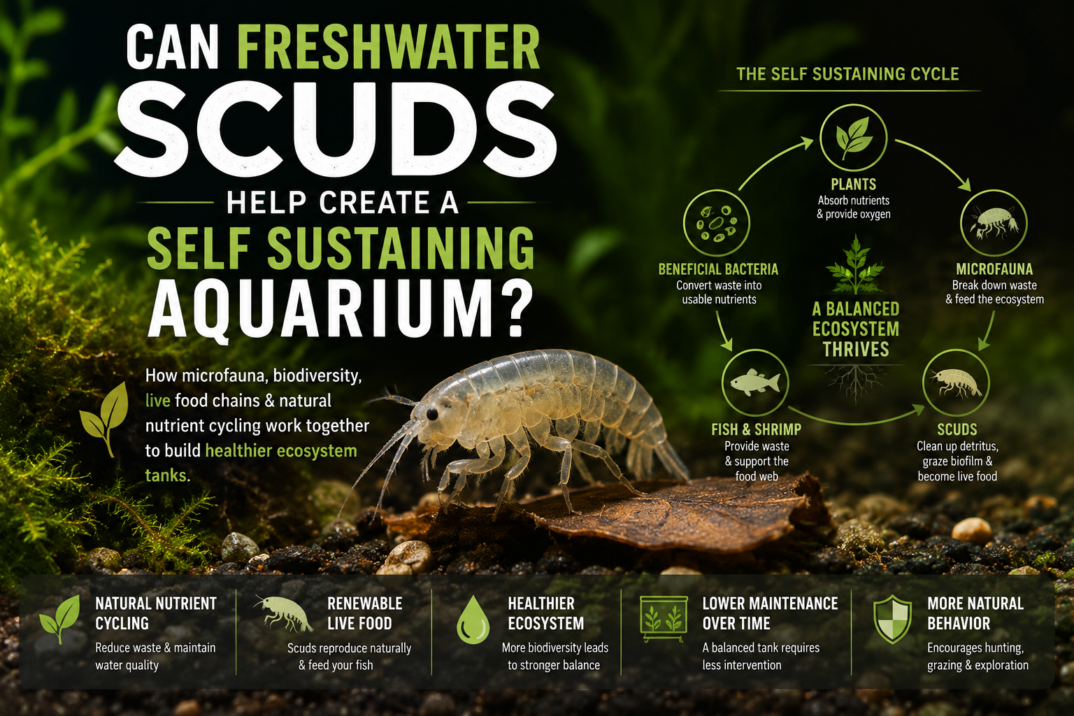 Infographic showing how freshwater scuds help create a self-sustaining aquarium ecosystem through natural nutrient cycling, biodiversity, live food chains, beneficial bacteria, plants, and aquarium microfauna.