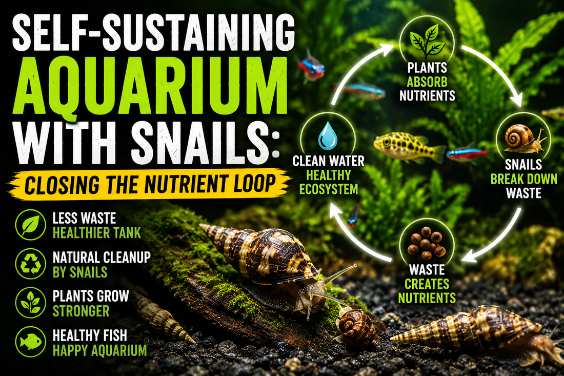 Healthy planted freshwater aquarium with Malaysian trumpet snails demonstrating a self-sustaining ecosystem where snails recycle waste, plants absorb nutrients, and fish thrive naturally.