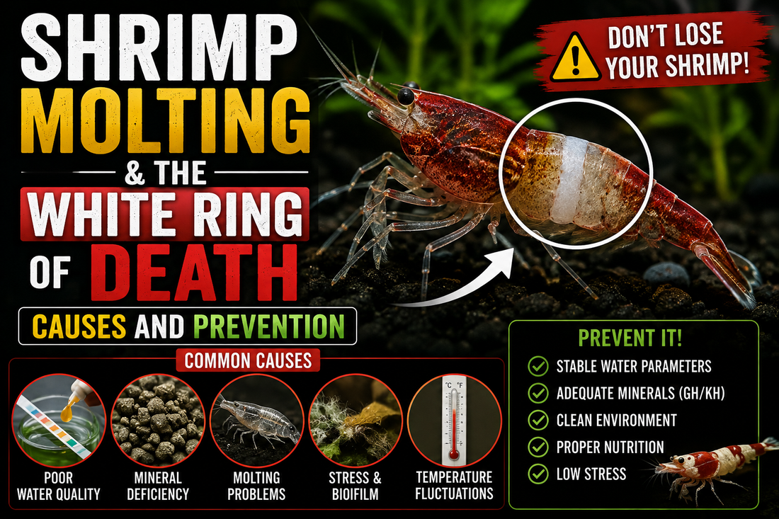 Close-up of a freshwater dwarf shrimp showing the white ring of death during a failed molt, with visual highlights explaining the causes of molting problems and prevention methods.