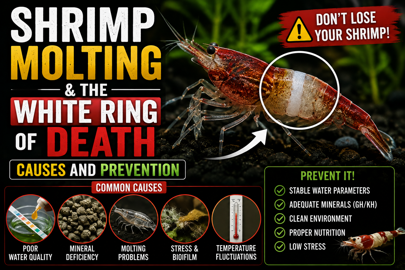 Close-up of a freshwater dwarf shrimp showing the white ring of death during a failed molt, with visual highlights explaining the causes of molting problems and prevention methods.