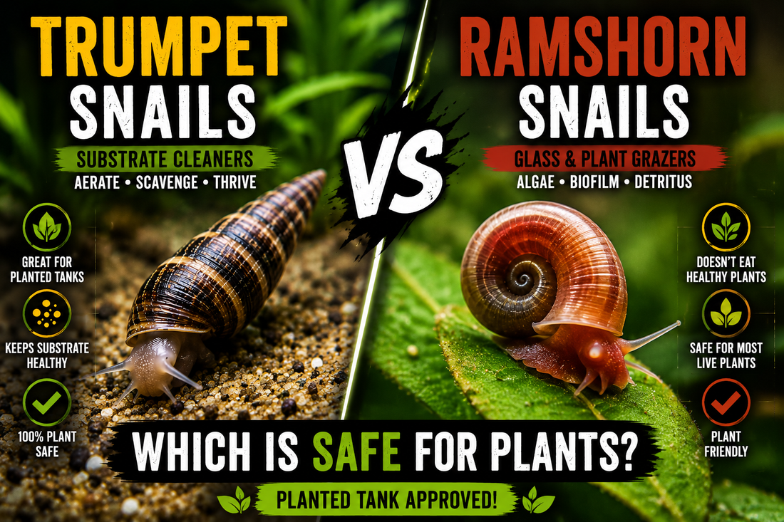 Comparison of Malaysian trumpet snails and ramshorn snails in a planted freshwater aquarium, explaining which species is safest for live aquatic plants, substrate health, algae control, and natural aquarium maintenance.