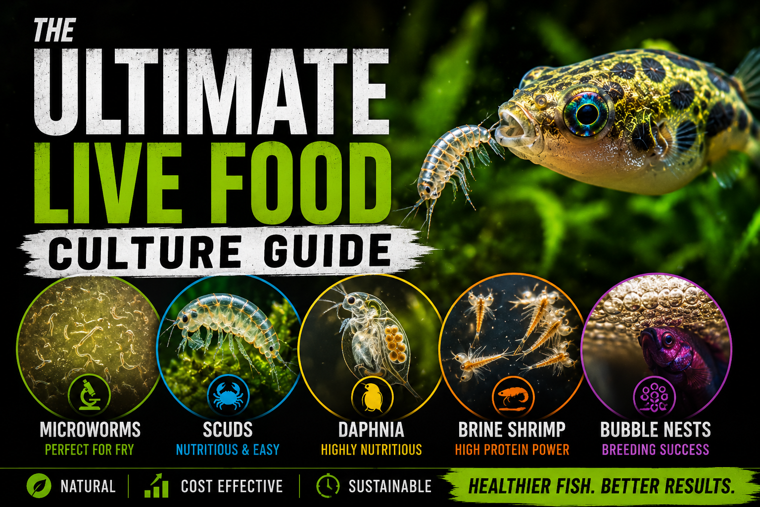 Cinematic infographic thumbnail showing live aquarium food cultures including microworms, scuds, daphnia, baby brine shrimp, and betta breeding foods for healthier fish, fry growth, and natural feeding behavior.