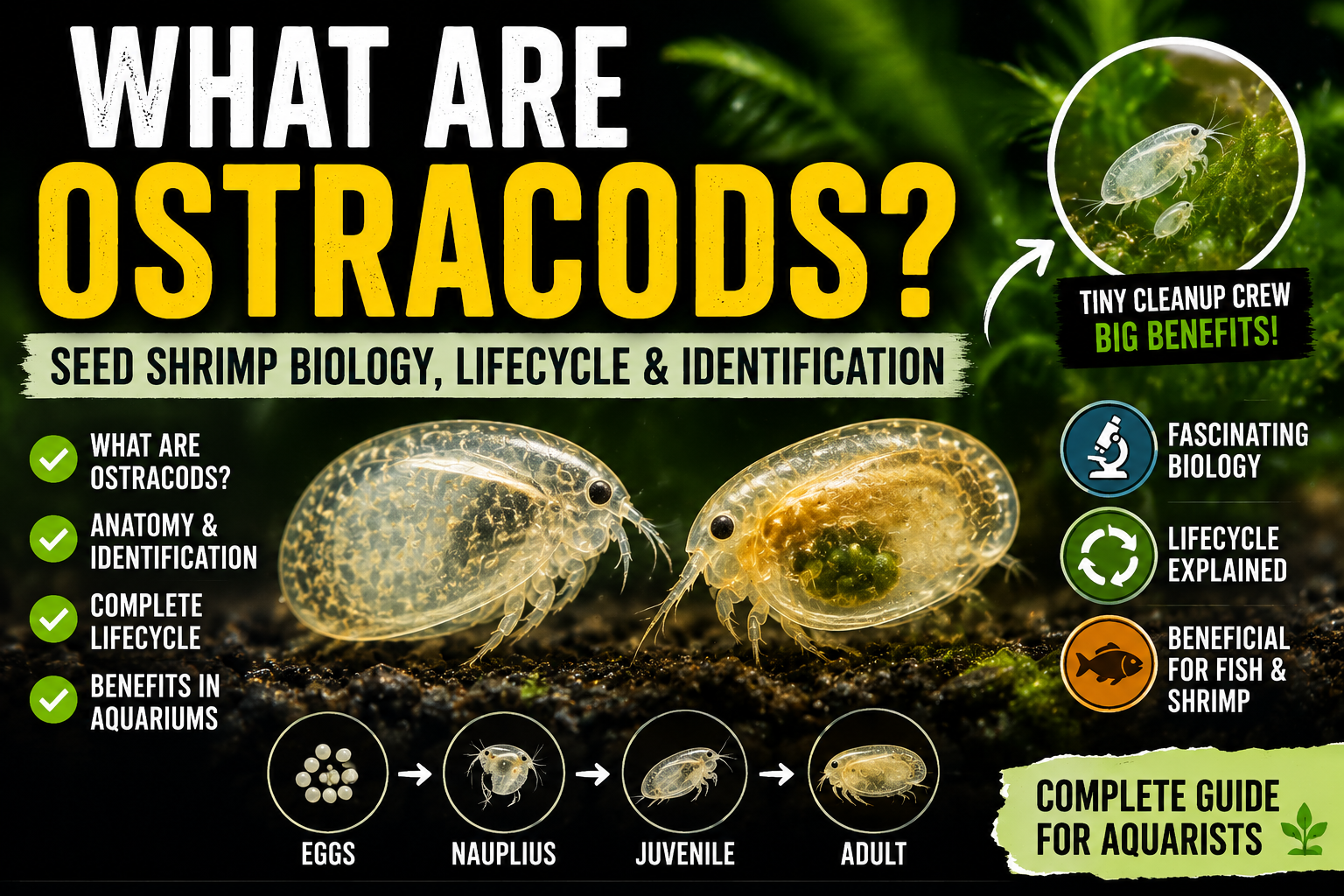 What are ostracods seed shrimp biology lifecycle identification guide showing live ostracods in a freshwater aquarium ecosystem