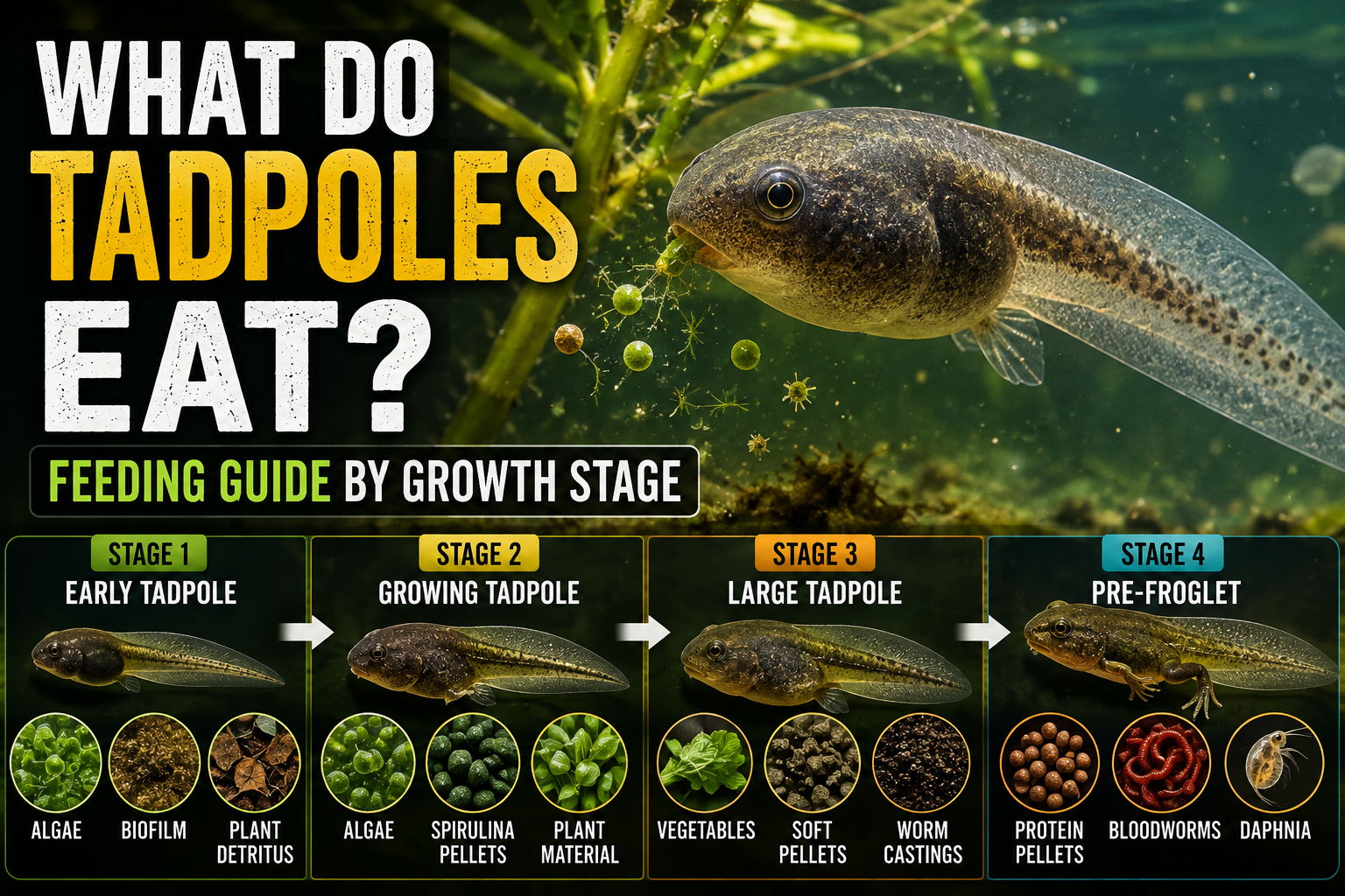 Realistic tadpole underwater with algae, biofilm, plants, pellets, worms, and daphnia illustrating what tadpoles eat at each growth stage before becoming frogs.