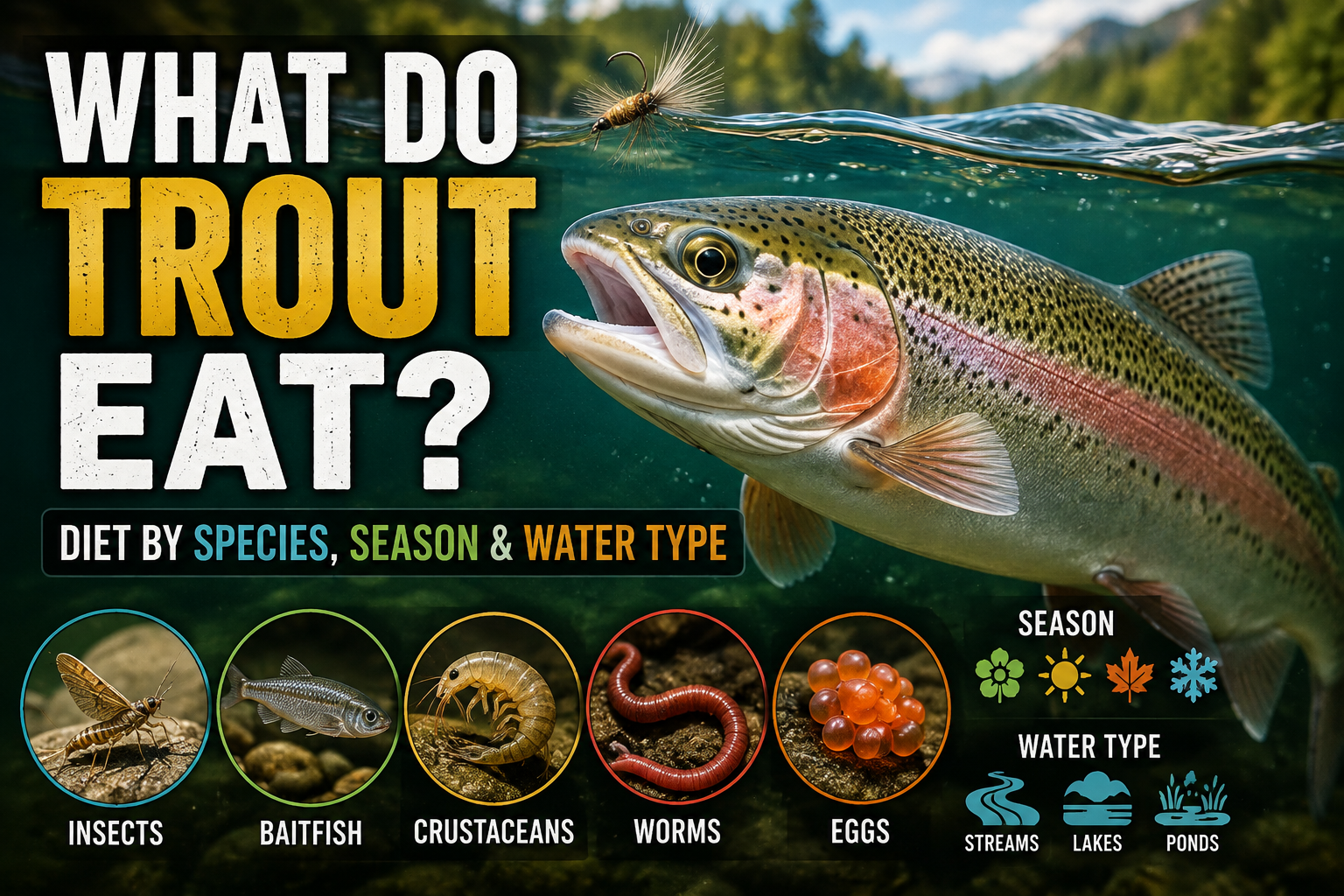 Rainbow trout underwater with insects, baitfish, crustaceans, worms, and eggs illustrating what trout eat by species, season, and water type.