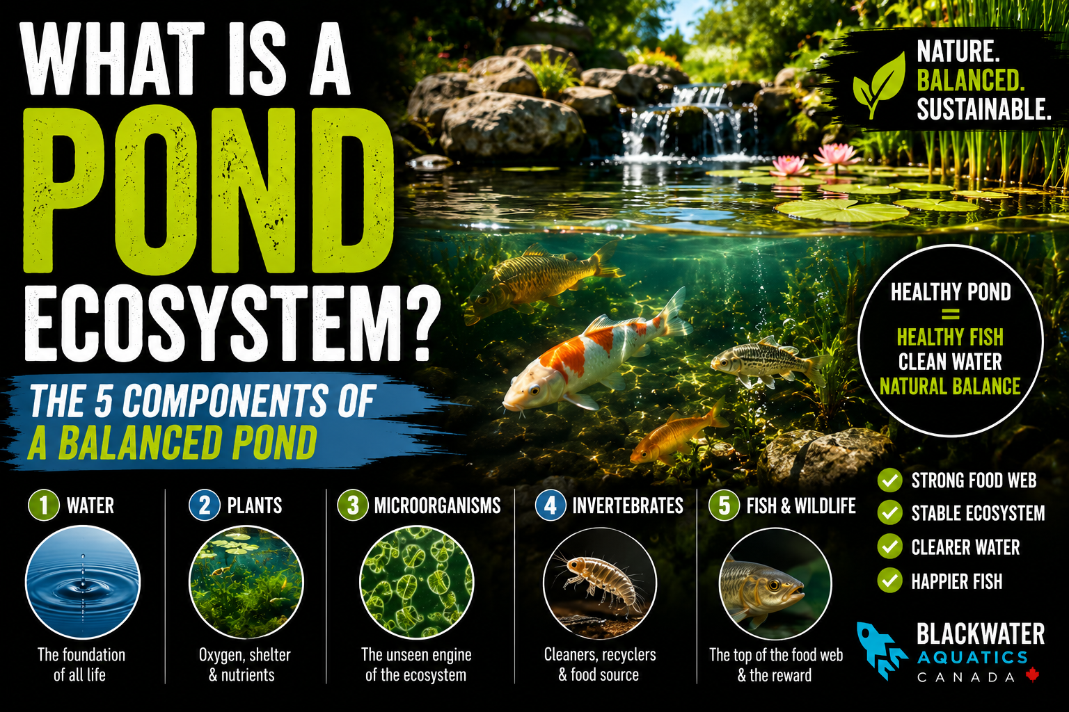 What is a pond ecosystem thumbnail showing the five essential components of a balanced freshwater pond including water, aquatic plants, microorganisms, invertebrates and healthy fish.