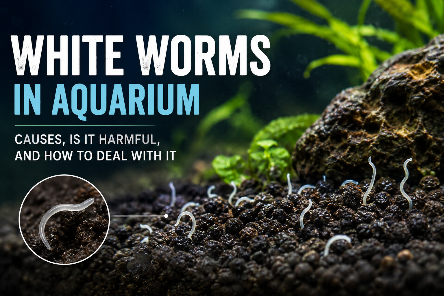 Close-up aquarium cover image showing tiny white worms in substrate with educational text about detritus worms, planaria, aquarium pests, and freshwater tank identification guide.