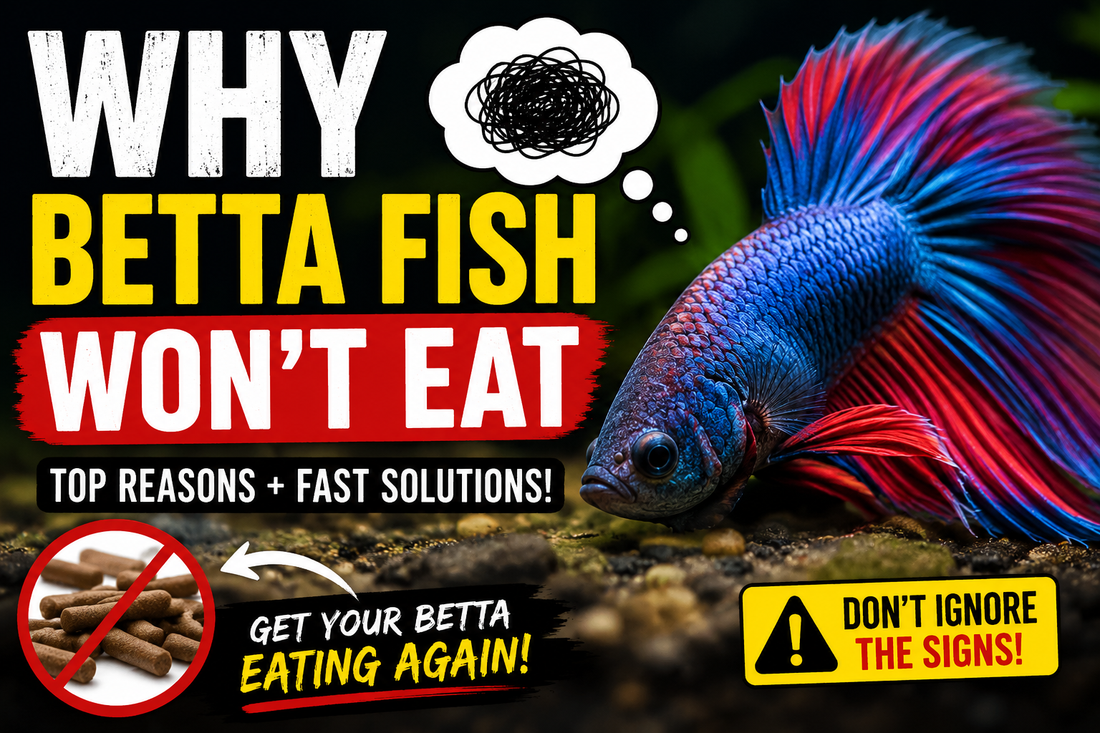 Why betta fish won't eat infographic showing stressed blue and red betta fish refusing pellets with warning signs, appetite loss causes, and live food solutions including scuds and daphnia for sick or stressed betta fish.