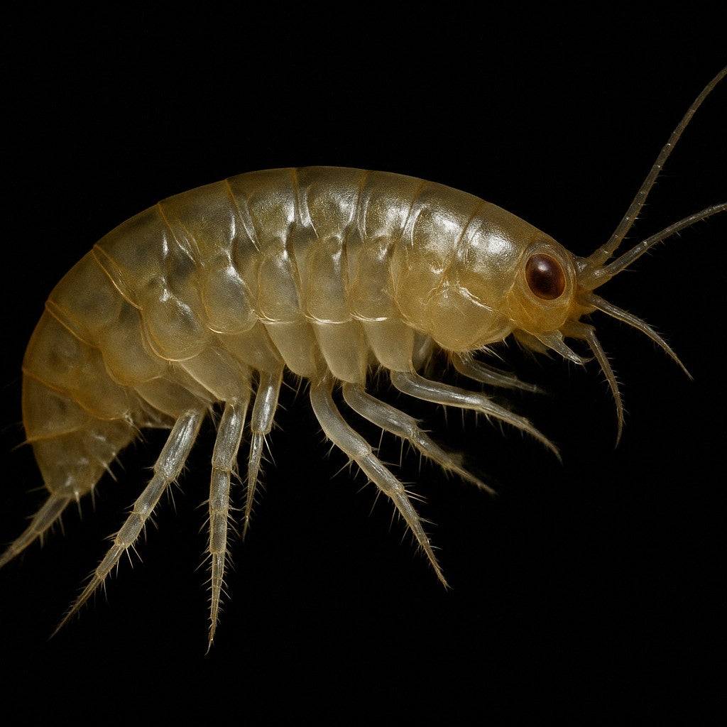 Live scuds for sale in canada. Macro shot of freshwater scud with black background