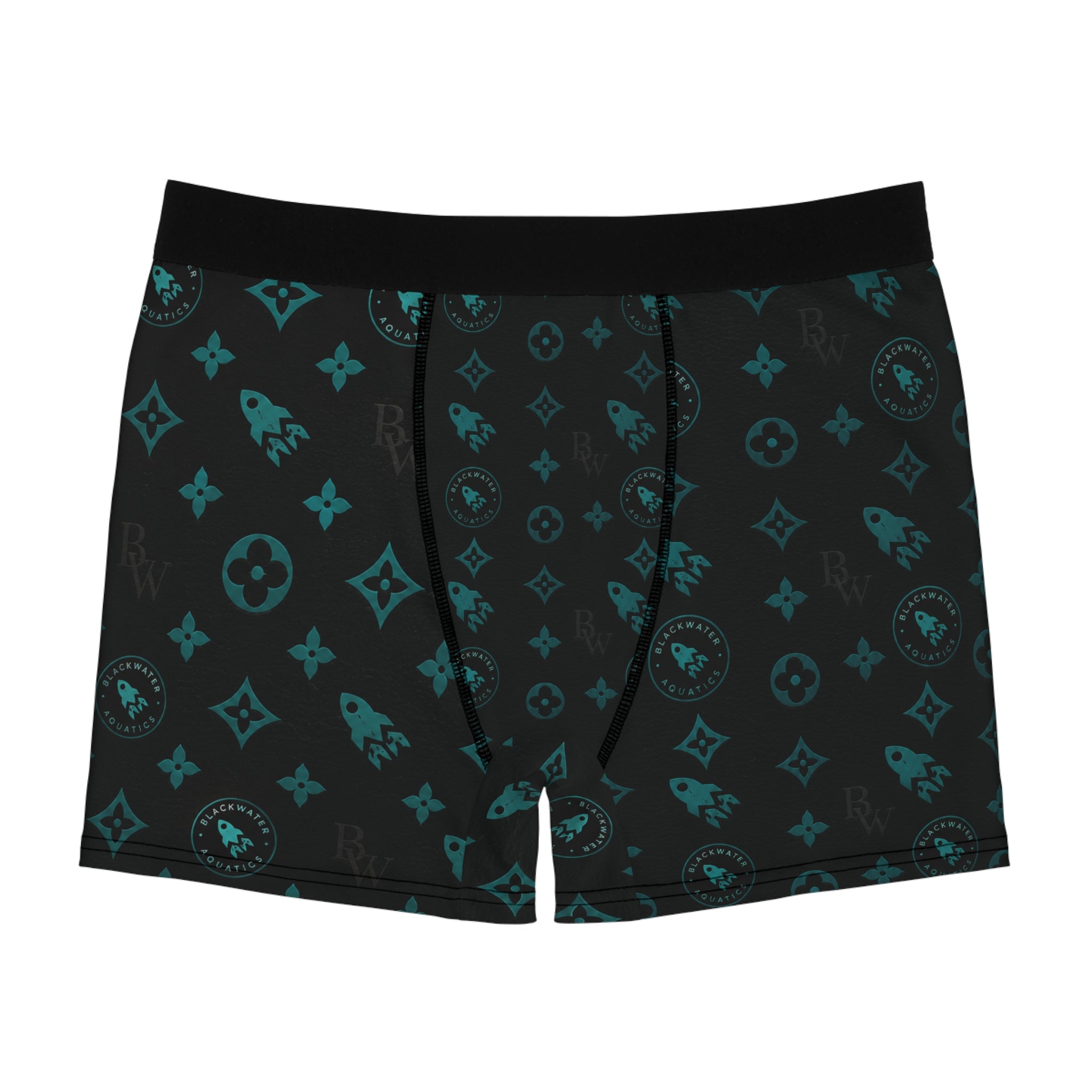 Blackwater Aquatics Boxer Briefs – Aquarium Fish Keeper Underwear, Black & Teal Monogram
