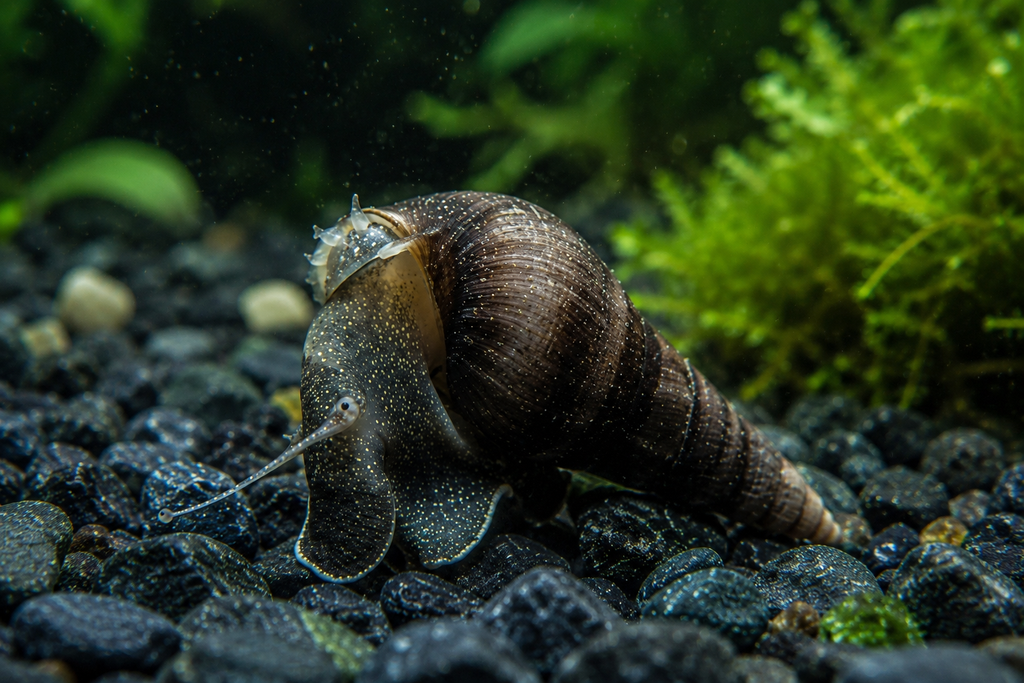 Live Malaysian Trumpet Snails (Melanoides tuberculata) burrowing through aquarium substrate in a planted freshwater aquarium