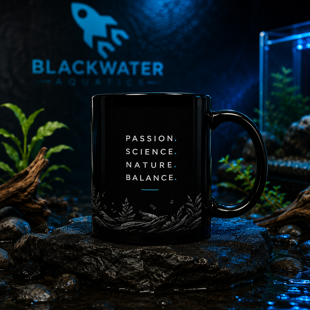 A black ceramic mug with white text reading 'PASSION. SCIENCE.