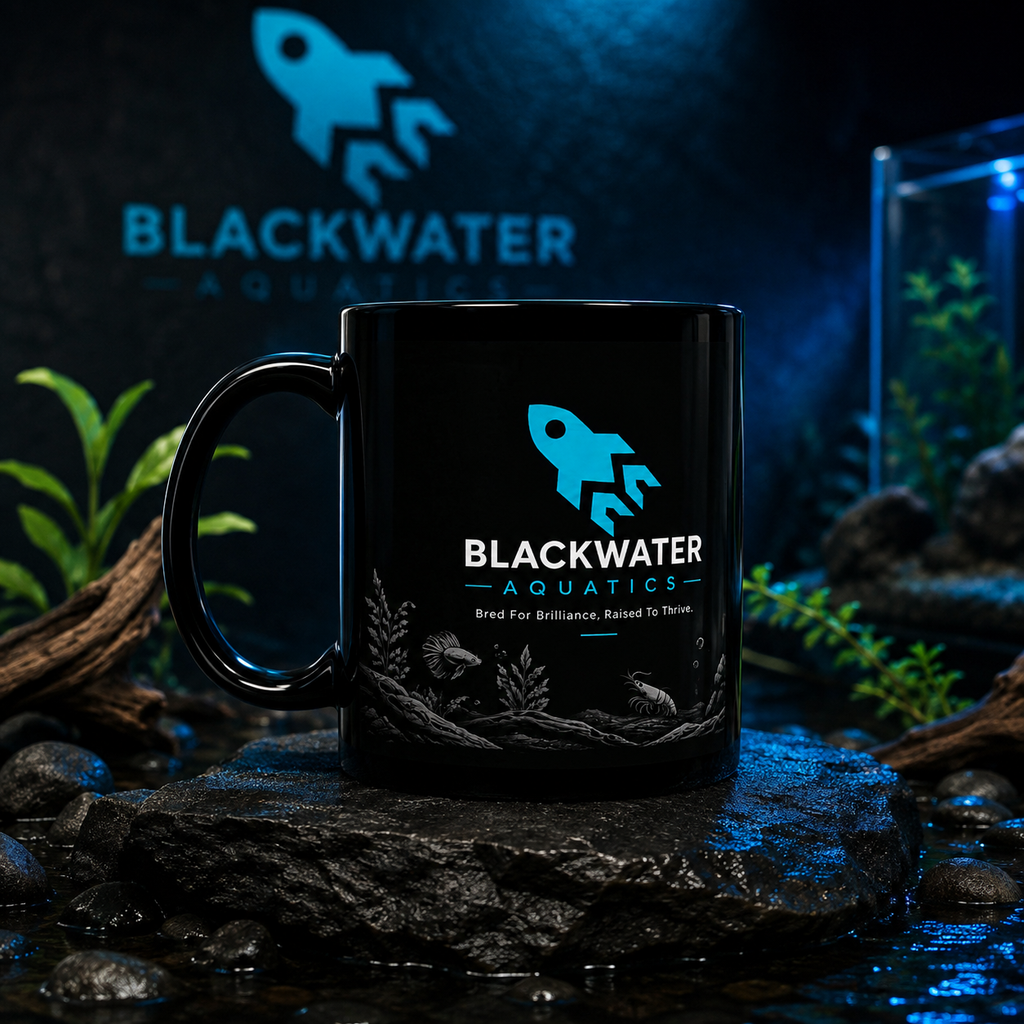 A black ceramic mug with a bright blue rocket logo and the text 'BLACKWATER AQUATICS' sits on a dark stone surface in a styled aquarium-themed setting with blue lighting, plants, driftwood, and a glass tank in the background.