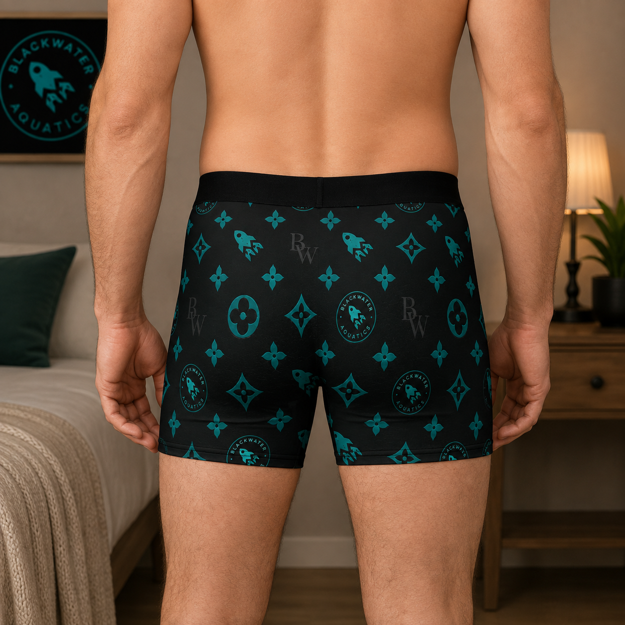 Blackwater Aquatics Boxer Briefs – Aquarium Fish Keeper Underwear, Black & Teal Monogram