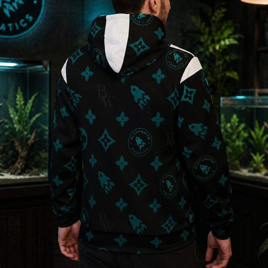Blackwater Aquatics Hoodie — Black & Teal Aquarium All-Over Print Hoodie
