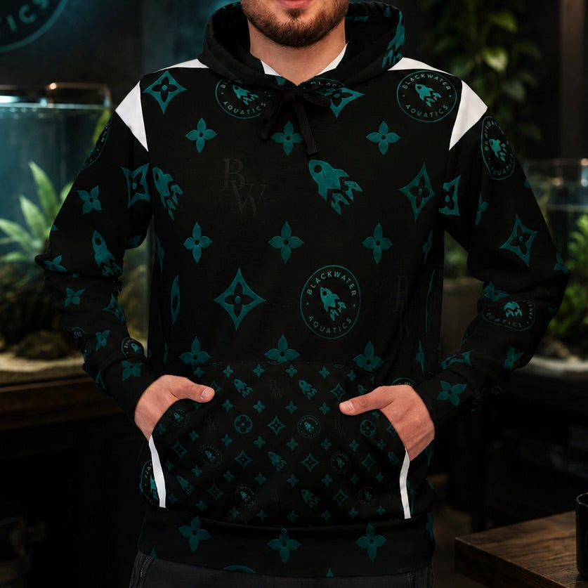 Blackwater Aquatics Hoodie — Black & Teal Aquarium All-Over Print Hoodie