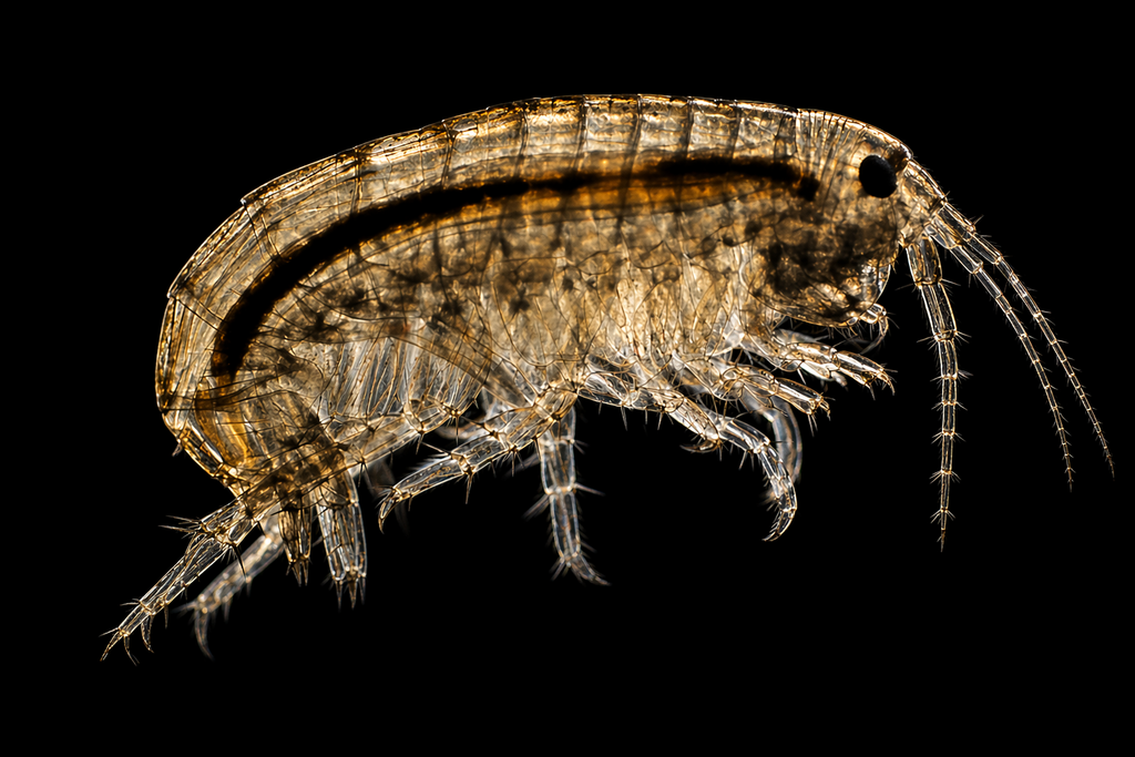     Close-up macro photo of a live freshwater scud culture for aquarium fish food and breeding tanks.