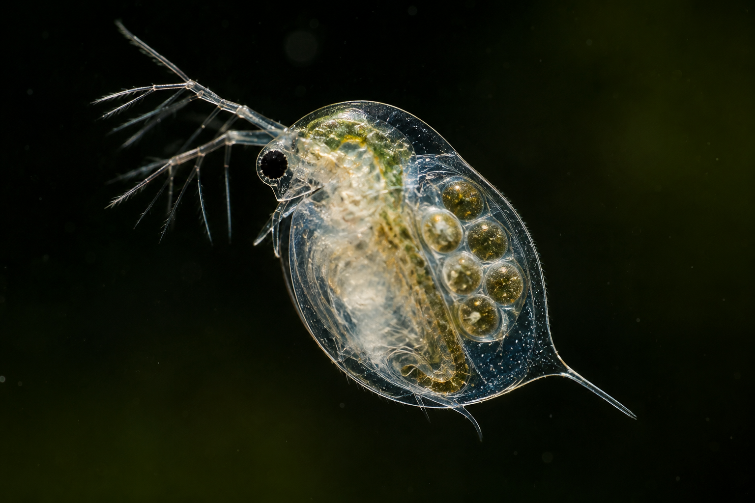 Live daphnia culture swimming inside a clear glass jar with green algae and natural sunlight, used as freshwater live fish food for aquariums and fry feeding.