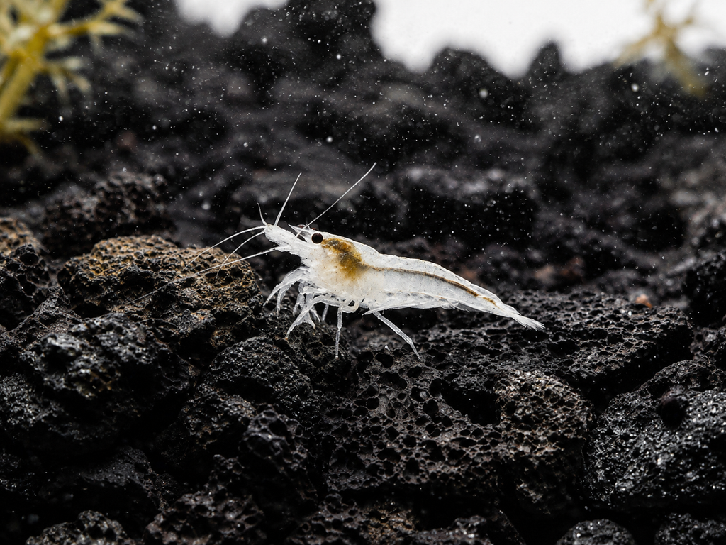 A small white shrimp with subtle orange-brown accents on its back, standing on dark volcanic rock in an aquarium setting.