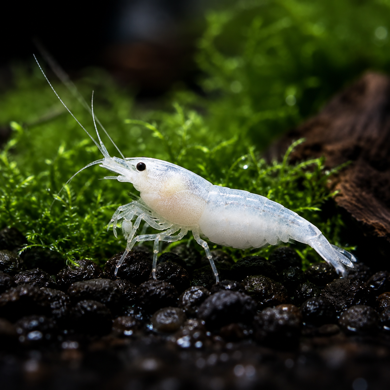 A close-up of a pale translucent shrimp or prawn standing on dark gravel beside bright green moss in a natural-looking setting.